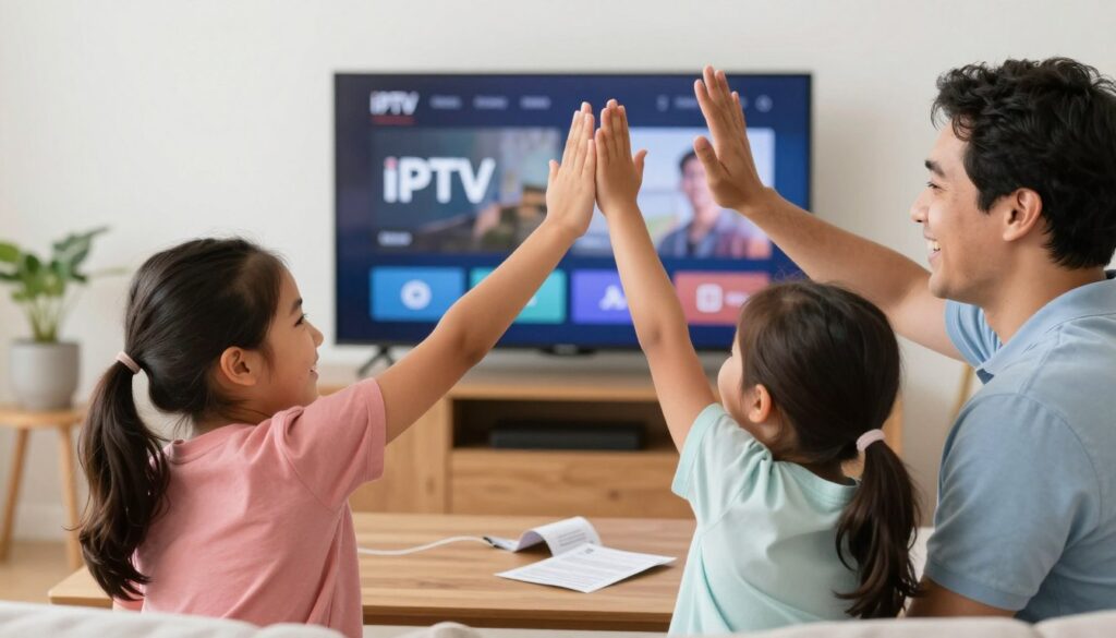 Successful family celebrating cutting the cord from cable to IPTV service