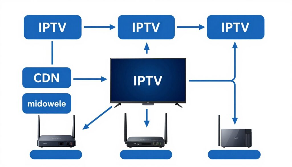 Technical diagram showing how IPTV service delivers content through internet protocols