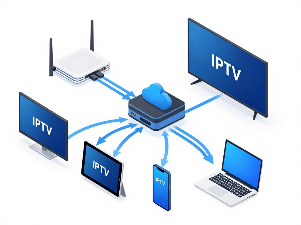 Technical diagram showing how IPTV works with internet connection, servers, and multiple devices streaming content simultaneously in USA