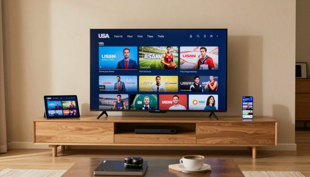 USA IPTV subscription service showing multiple streaming devices with live channels