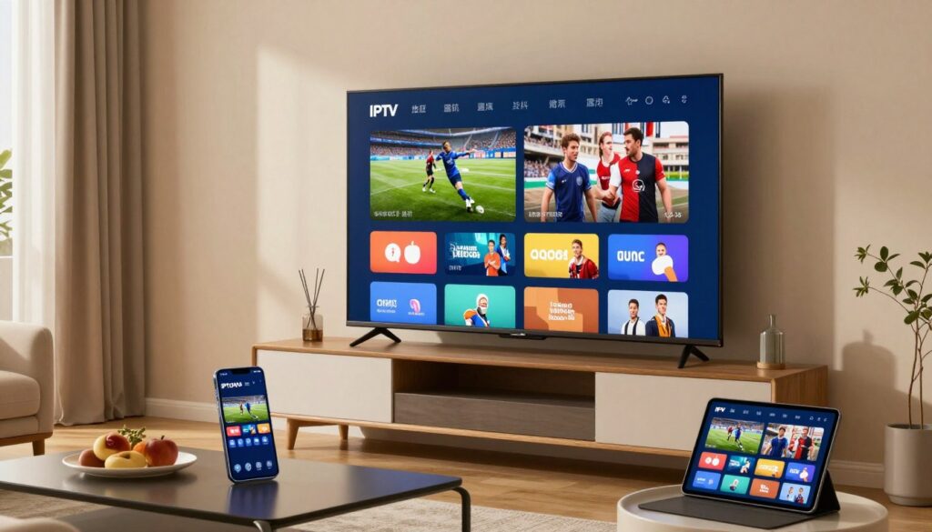 affordable iptv usa streaming setup with multiple devices showing live content