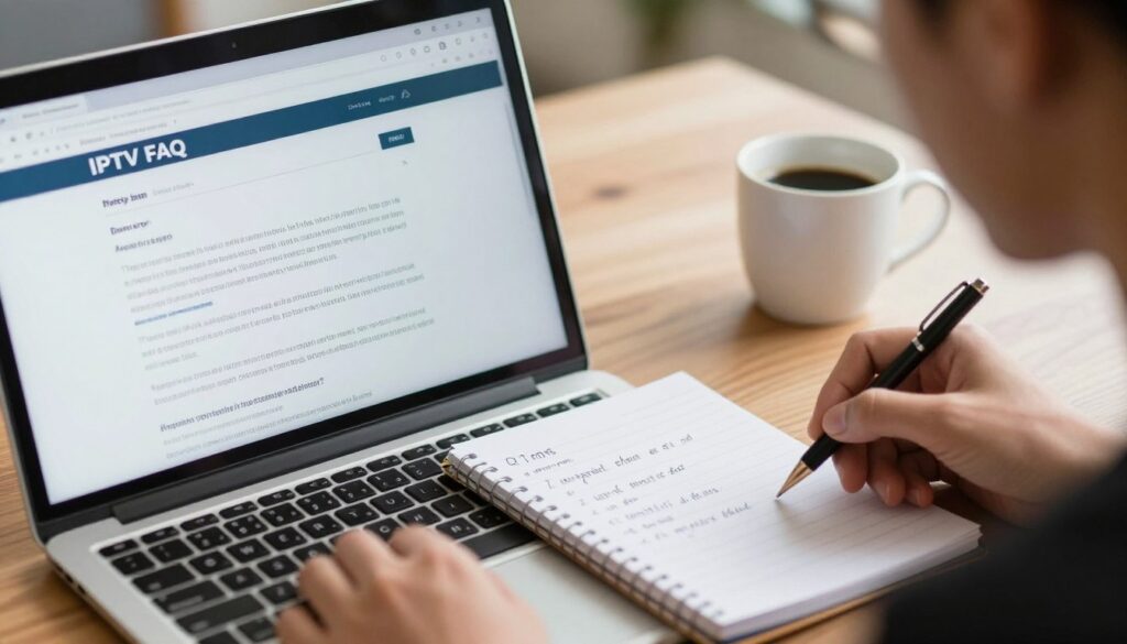 person reading iptv frequently asked questions on computer screen