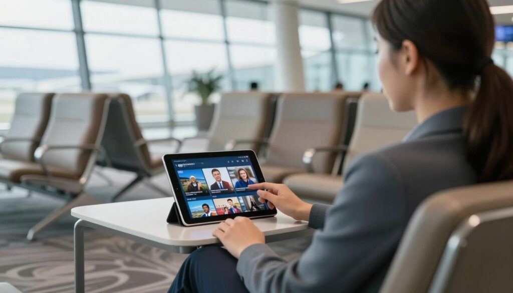 person streaming iptv on tablet while traveling