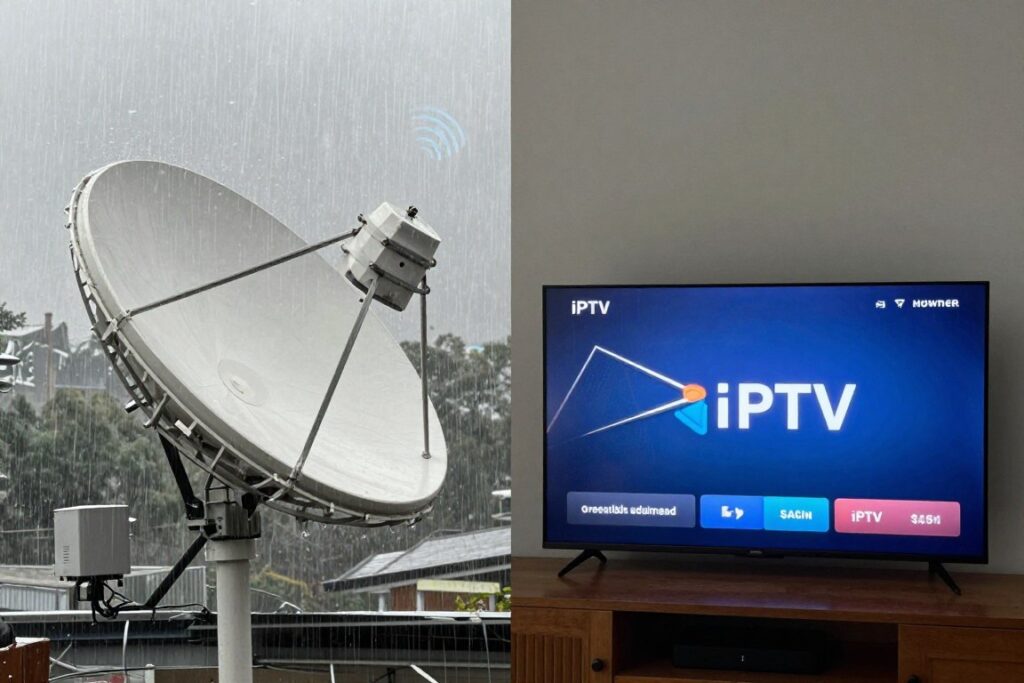 satellite dish affected by storm versus stable iptv streaming
