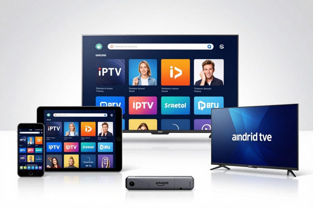 various devices running iptv app including smartphone tablet smart tv and streaming box